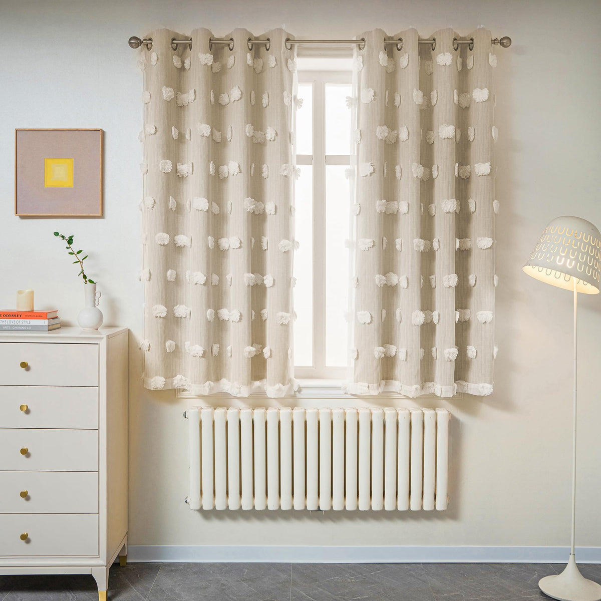 MYSKY HOME Beige Boho Curtains for Living Room 84 Inches Long Blackout Bohemian Curtains 2 Panels Beige Pom Pom Sheer Thermal Insulated Rustic Grommet Privacy Room Darkening Window Drapes 52" x 84"