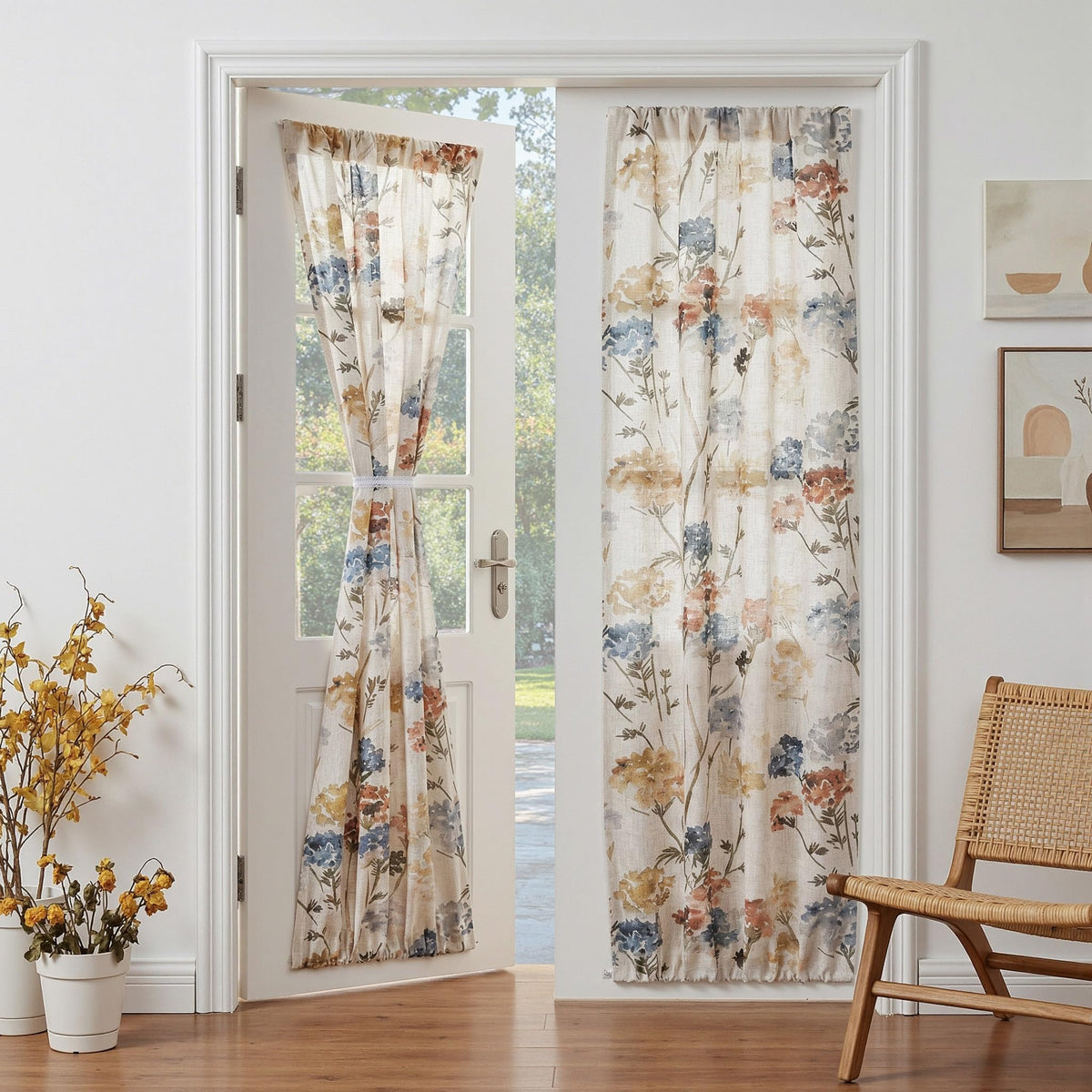MYSKY HOME Floral Curtains 72 inch for Living Room Linen Semi Sheer Light Filtering Privacy Protect Lightweight Drapes Decor Farmhouse Soft Touch for Dining Room, Yellow, 52" Wide, 2 Panels