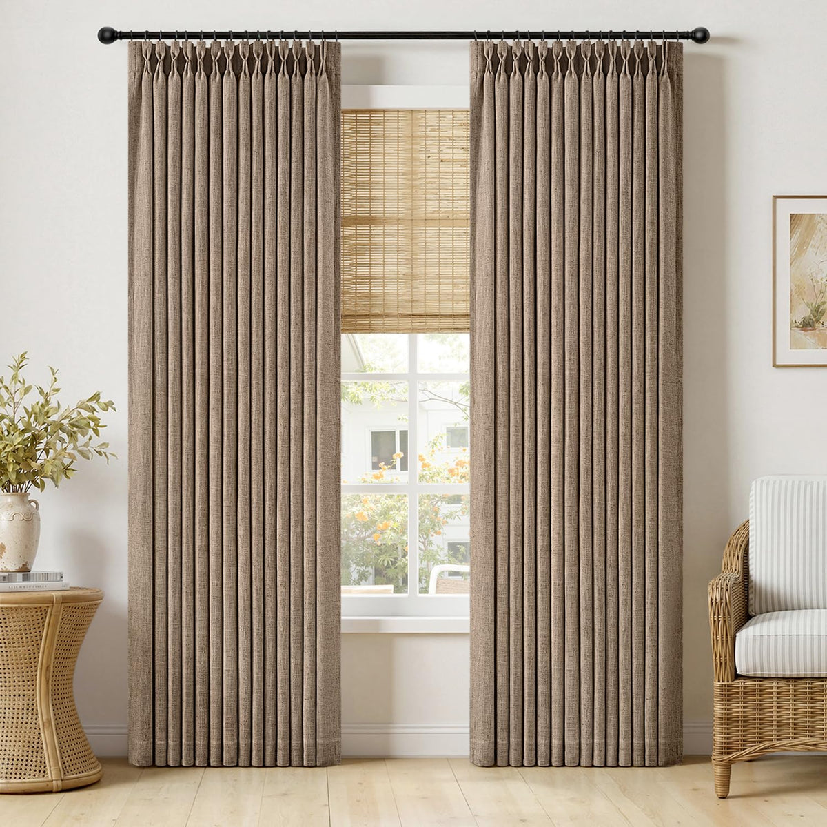 MIULEE Pinch Pleated Linen Curtains 96 Inches Long Beige White 2 Panels