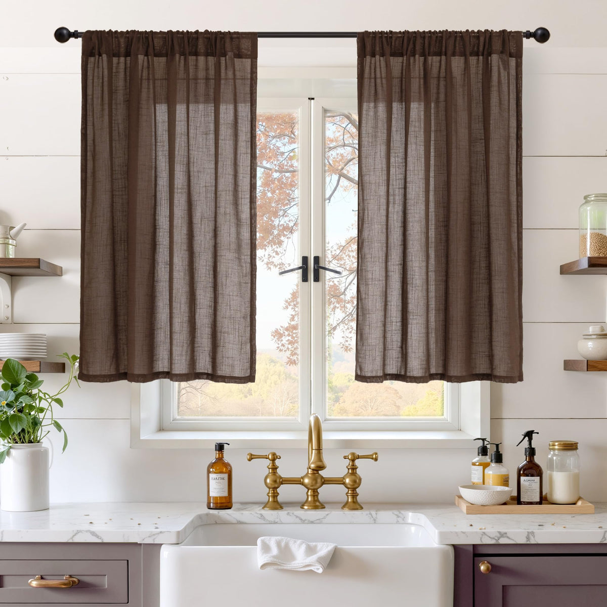 BGment Tan Linen Curtains 84 Inch Length 2 Panels Burlap Semi Sheer Drapes