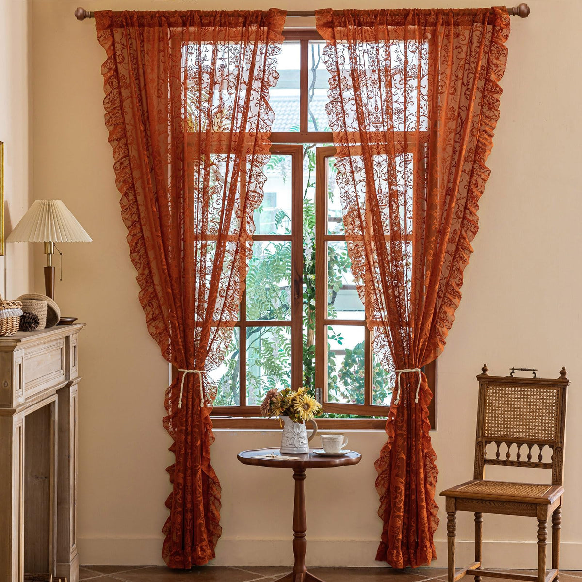 TUDECO Lace Maroon Curtains 96 Inches Long 1 Pair - French Floral Sheer Burgundy Curtains for Living Room, Art Decor Rod Pocket Ruffled Edges Dark Wine Red Drapes, 59 x 96 Inch, Burgundy