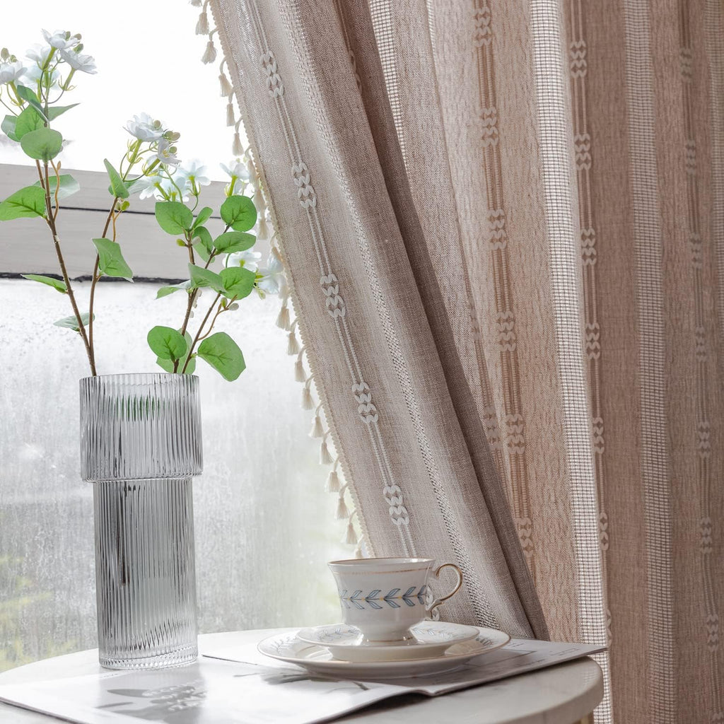 Linen Curtains 84 Inches Long - Embroidery Striped Farmhouse for Living Room, Tassel Boho for Bedroom, Light Filtering 2 Panels Set Rod Pocket Drapes (52" W x 84" L, Khaki)