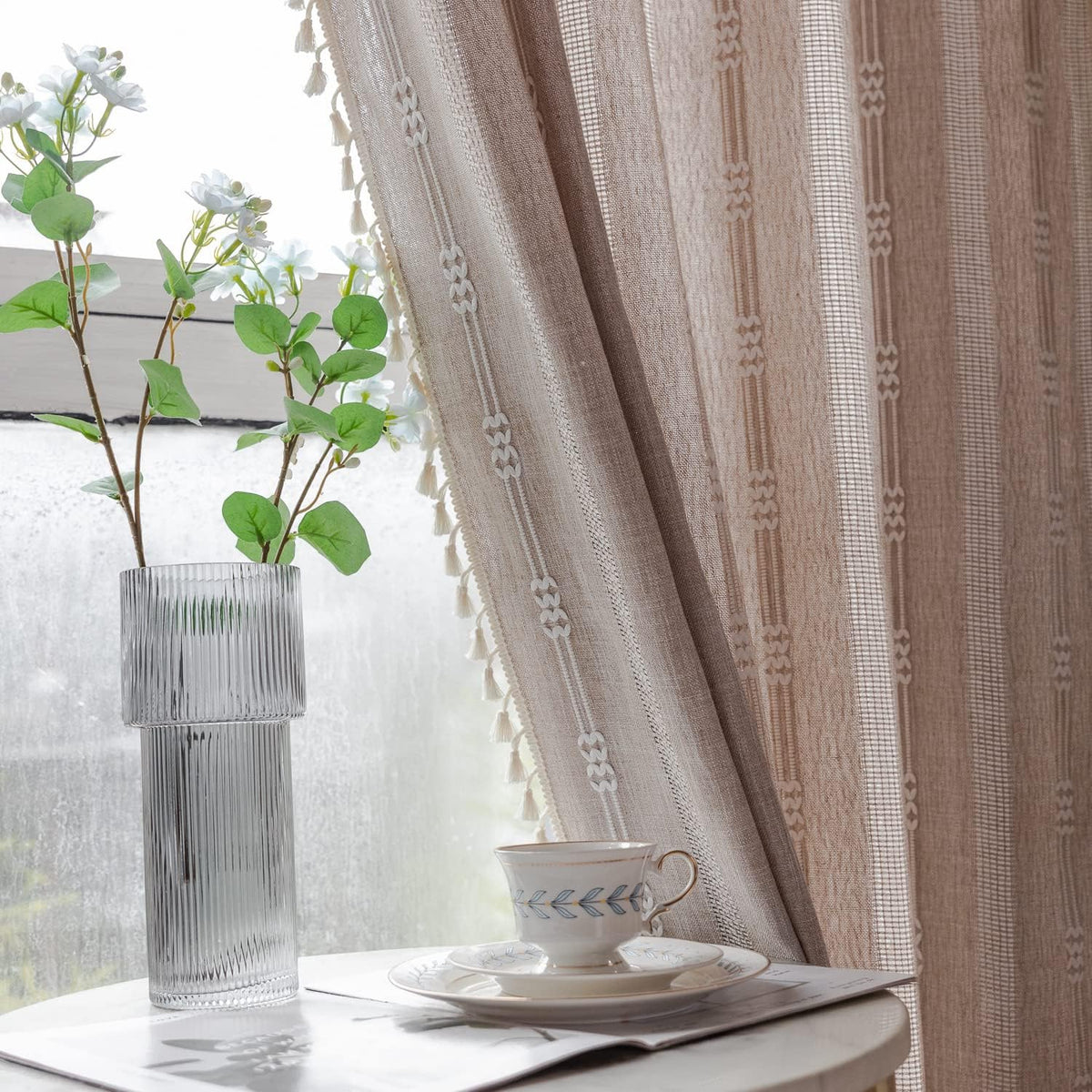 Linen Curtains 84 Inches Long - Embroidery Striped Farmhouse for Living Room, Tassel Boho for Bedroom, Light Filtering 2 Panels Set Rod Pocket Drapes (52" W x 84" L, Khaki)