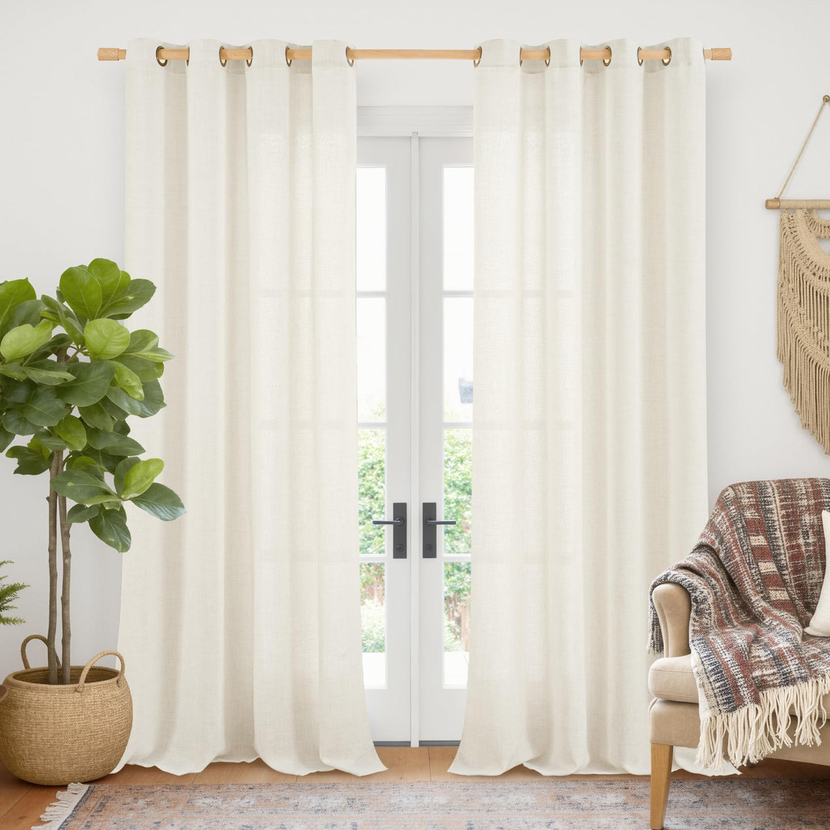 YoungsTex Linen Semi Sheer Curtains 63 Inch Length, Light Filtering Drapes