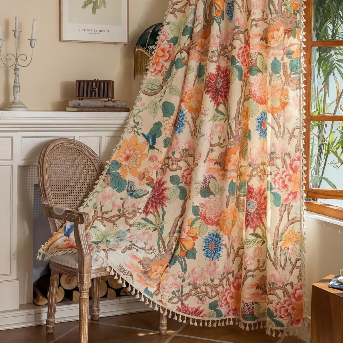 ENJOYBRIDAL Floral Curtains 84 Inch Long Living Room Boho Drapes Bedroom 2 Panels Semi Sheer Floor Length Window Curtain Panels Vintage Rod Pocket Tassel Farmhouse Nursery Window Treatments