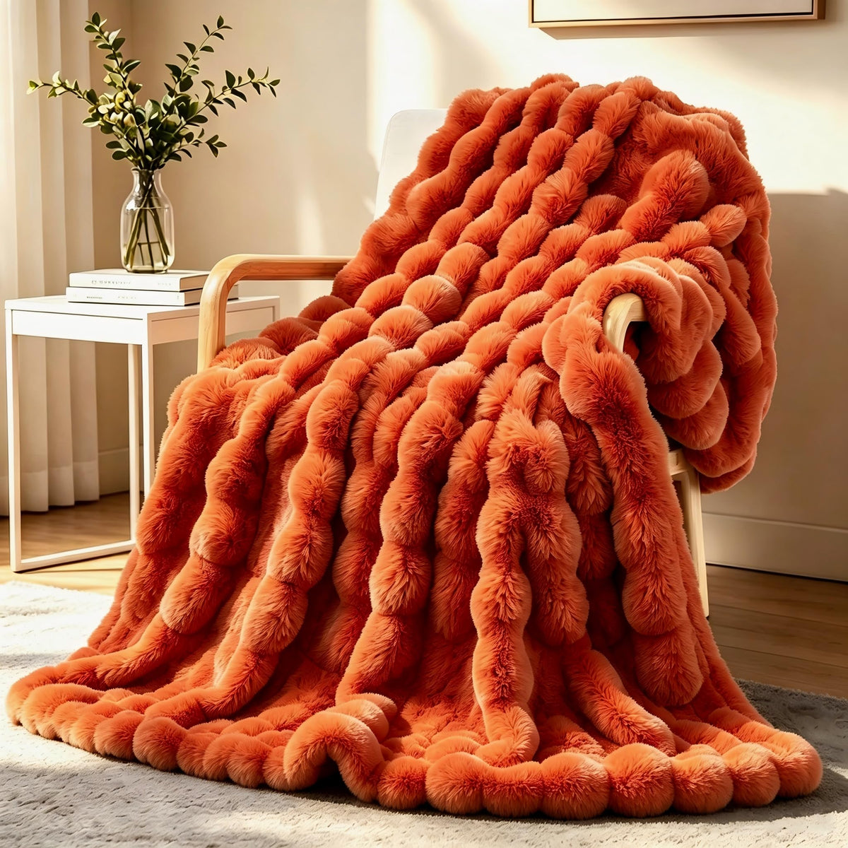 Touchat Luxury 1000GSM Faux Rabbit Fur Throw Blanket, Super Heavy Warm Cozy Blankets for Couch Bed Sofa, Bubble Plush Fuzzy Elegant Soft Mink Blanket for Mom Living Room Bedroom, Cream White