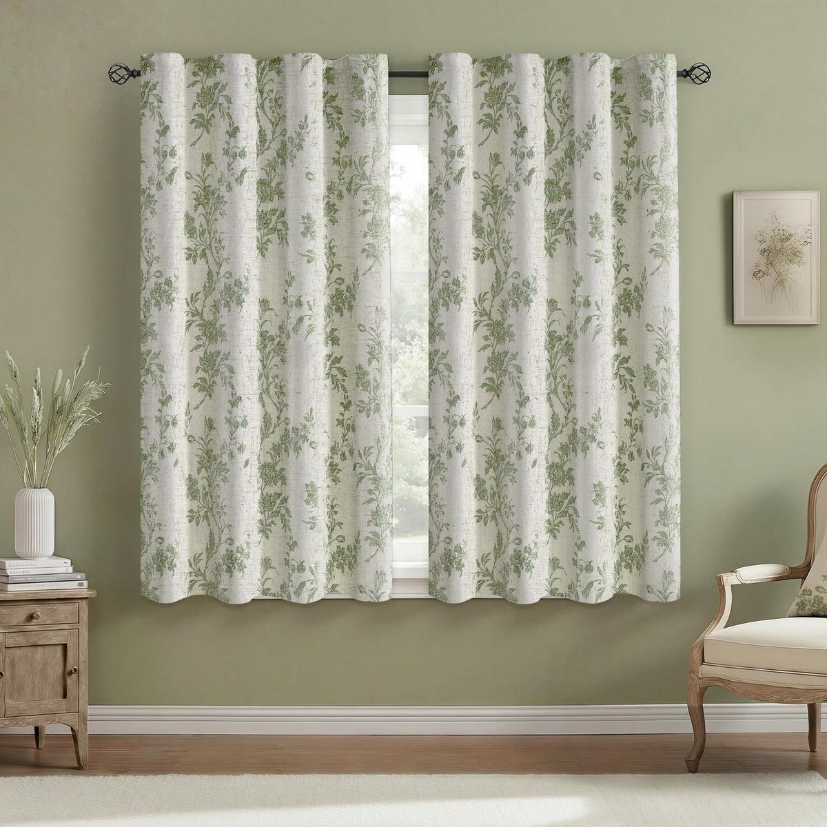 Boho Floral 100% Blackout Curtains 84 Inch 2 Panels Linen Texture