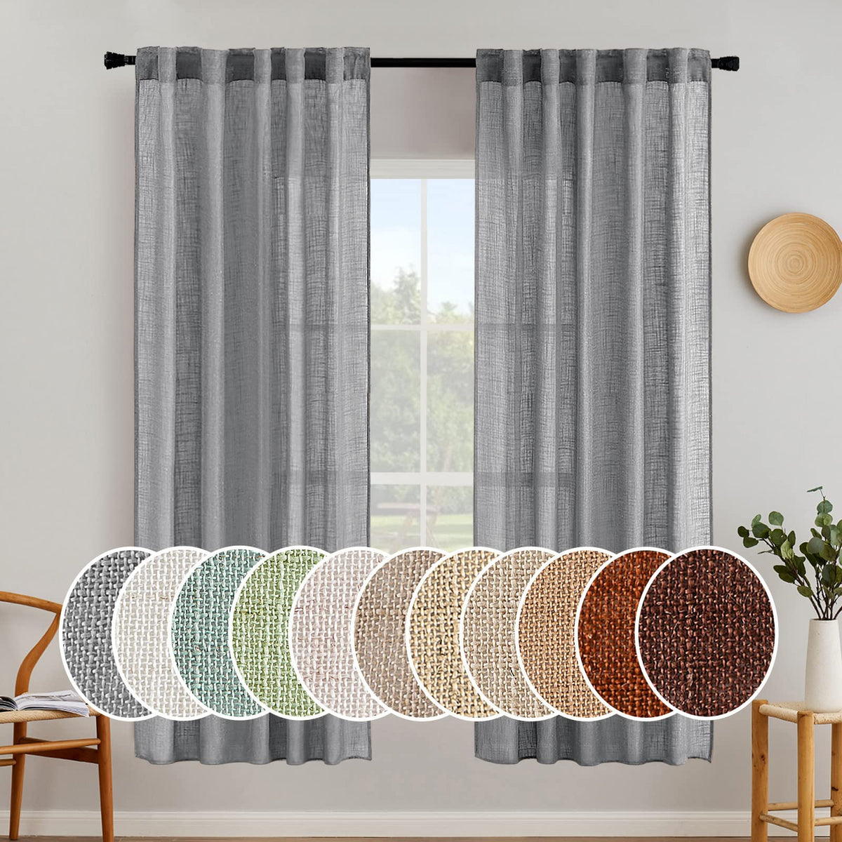 MIULEE Natural White Linen Curtains 52x90 Inch Long 2 Panels for Bedroom