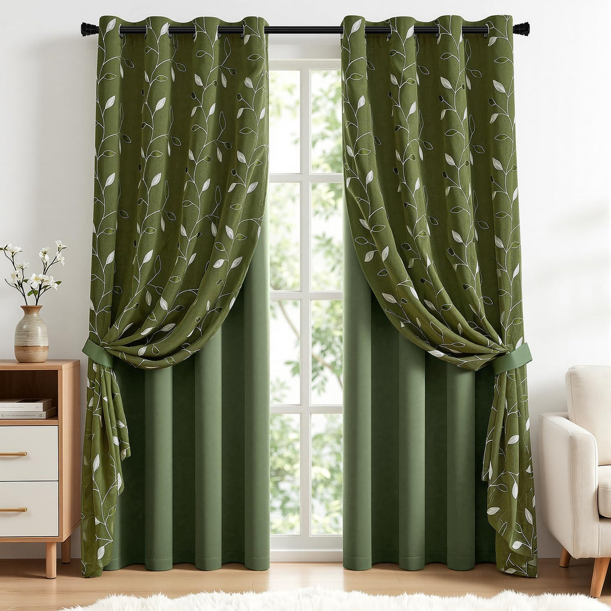 MIULEE Sage Green Double Layer Patterned Blackout Curtains 52" W x 84" L