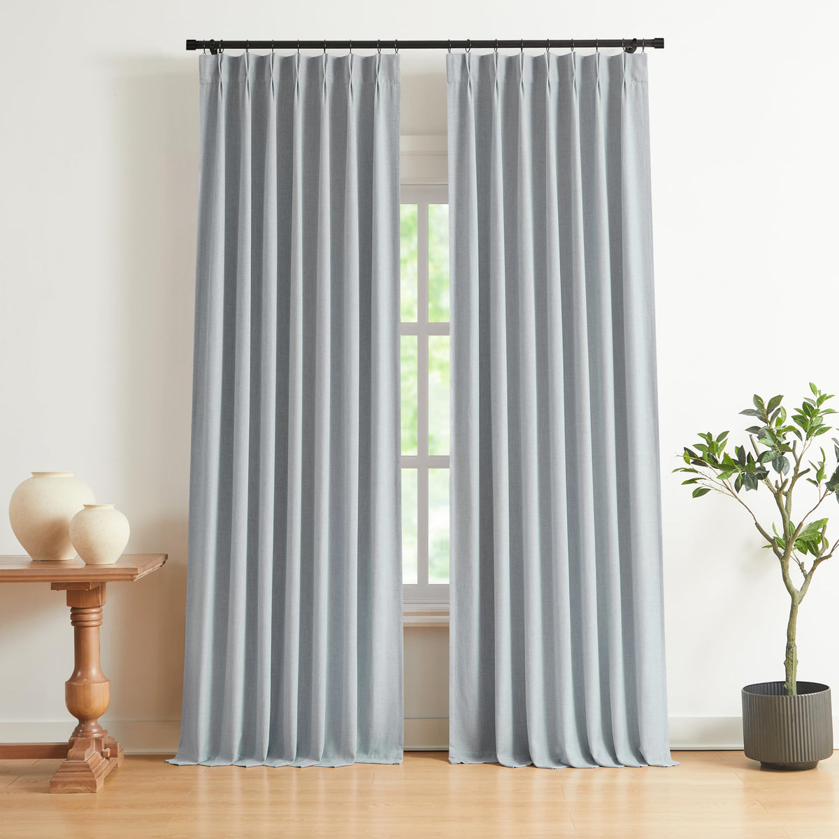 Vision Home Pinch Pleated Full Blackout Curtains Linen Blended Room Darkening Window Curtains 84 inch for Living Room Bedroom Thermal Insulated Pinch Pleat Drapes with Hooks 2 Panel 40"Wx84"L,Blue Fog