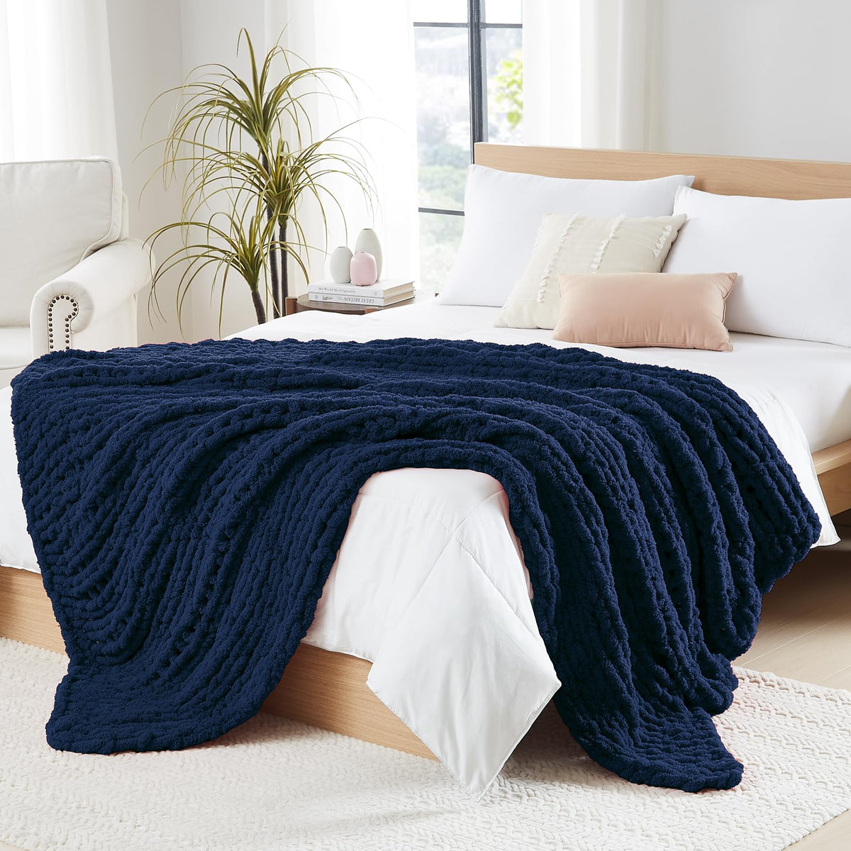 L'AGRATY Chunky Knit Throw Blanket for Couch, 50'' x 60'' Knit Throw, Ivory