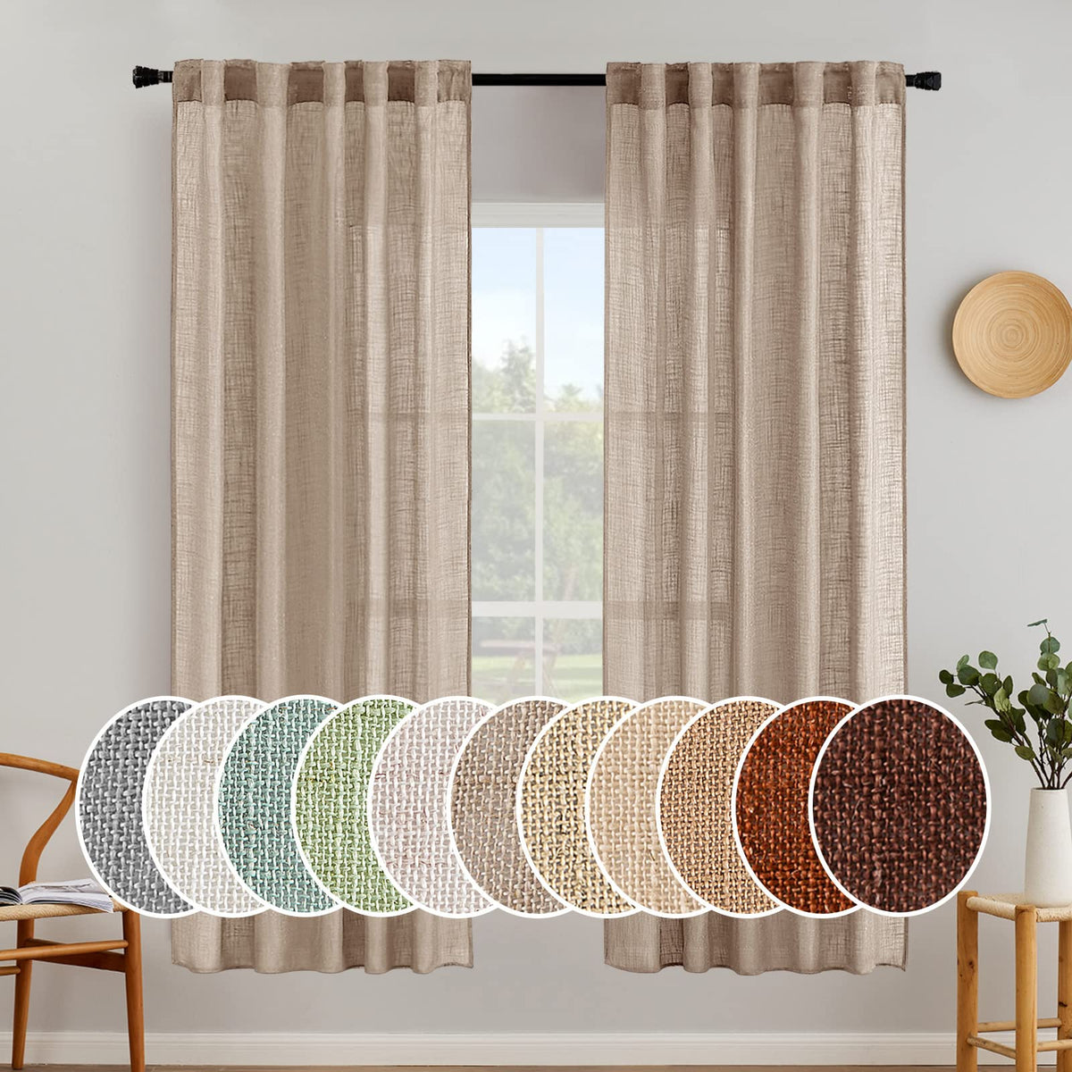 MIULEE Taupe Linen Curtains 52x84 Inch Length for Bedroom and Living Room