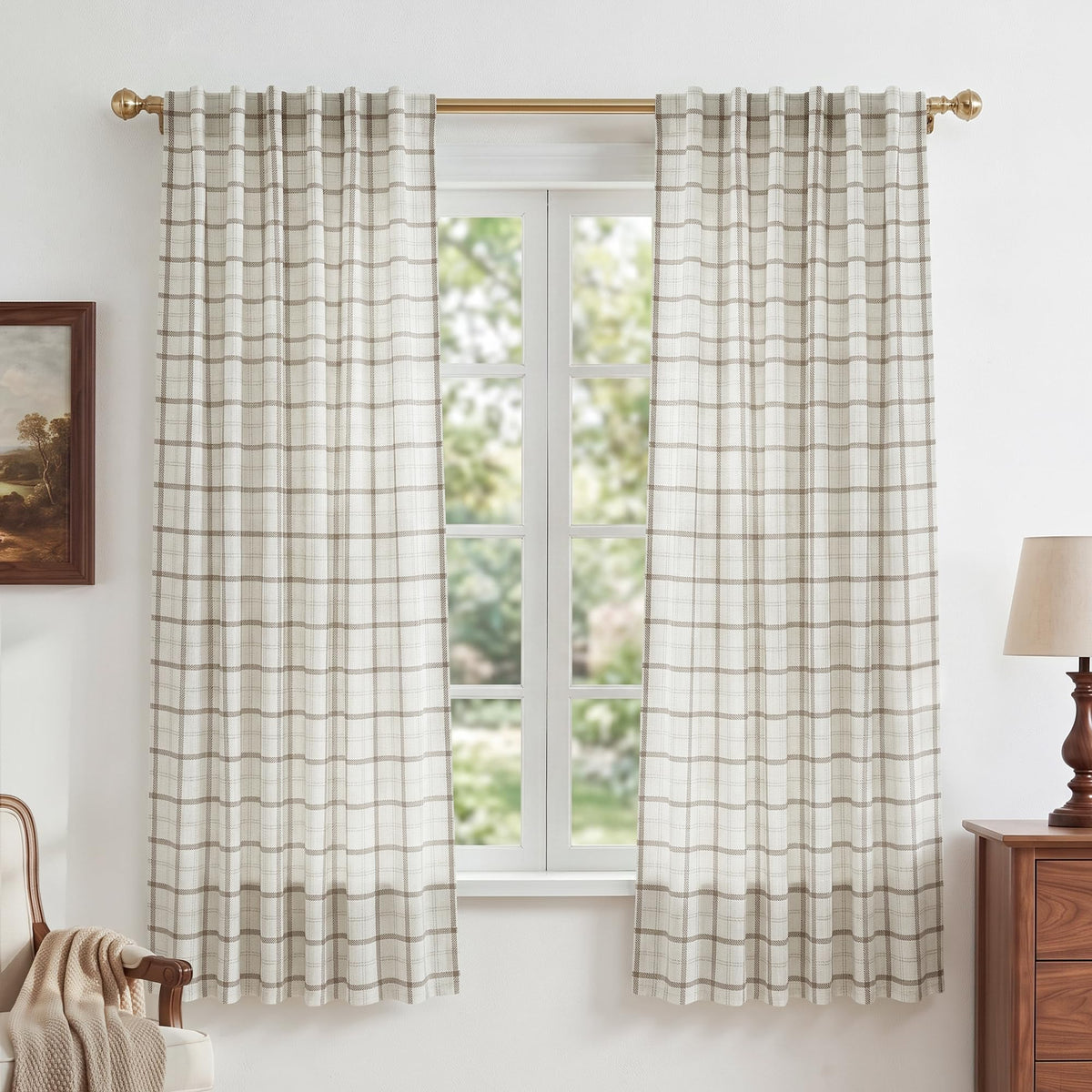 NICETOWN Moss Green Linen Plaid Curtains 96 inches Long for Bedroom
