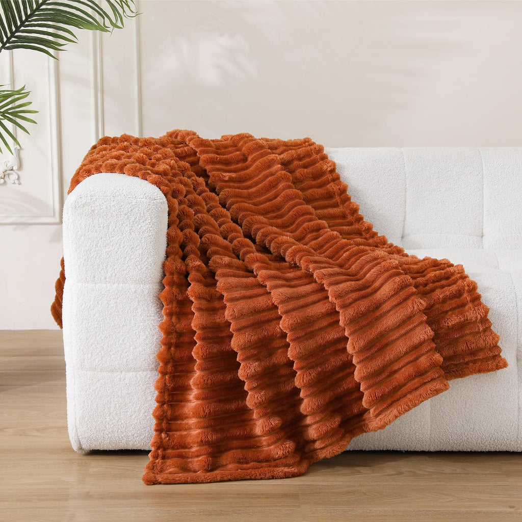 Puncuntex Burnt Orange Soft Throw Blanket 50"×60" for Couch Cozy 3D Striped
