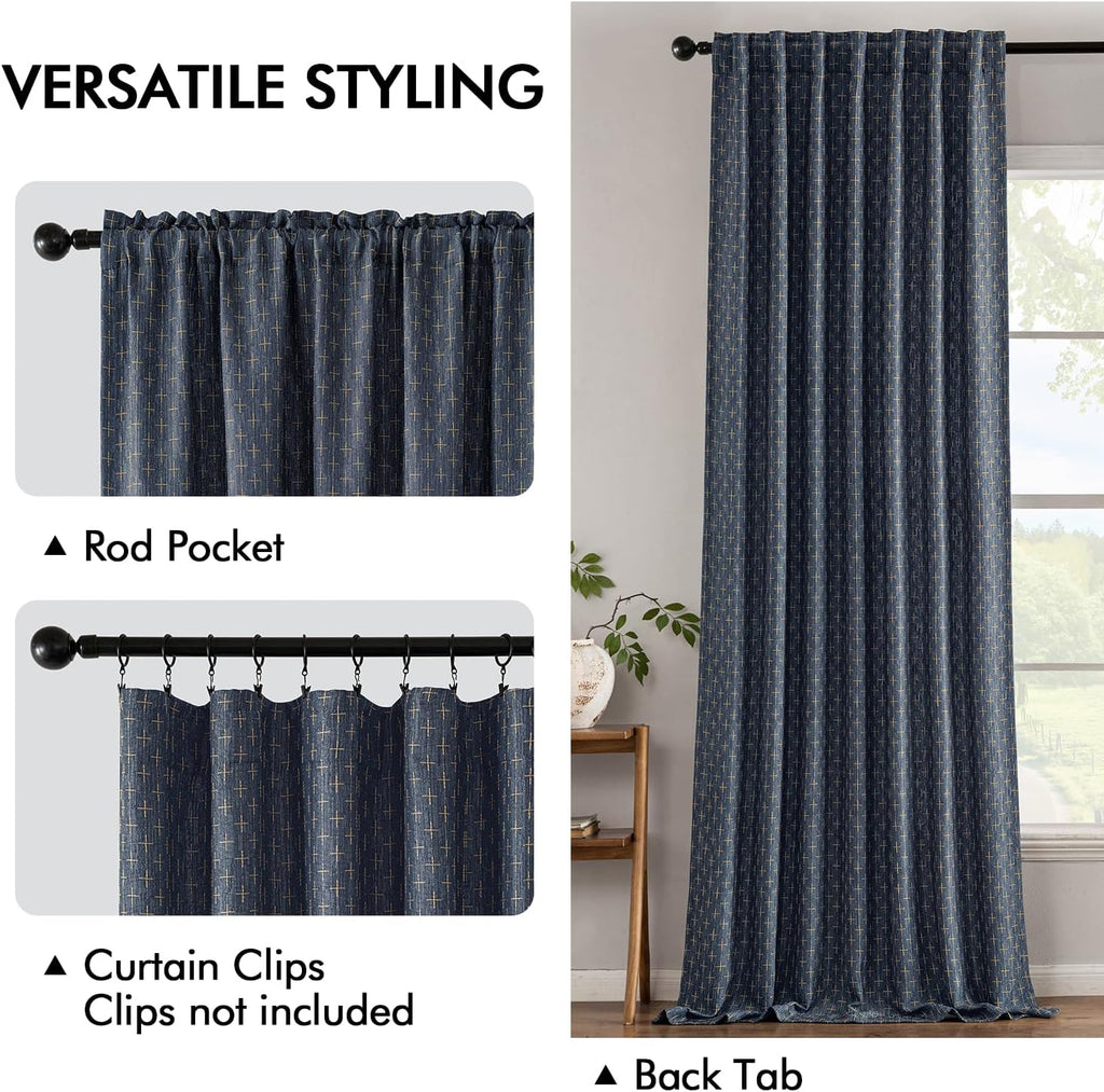 MIULEE Patterned Farmhouse Linen Curtains, Back Tab, 52Wx84L, Blue