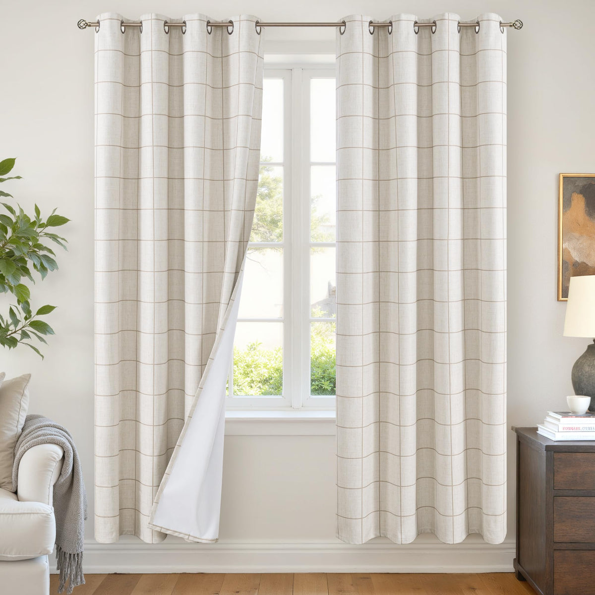 Lajode Linen Blackout Curtains - Boho Plaid 52x84 Inch 2 Panels, Natural
