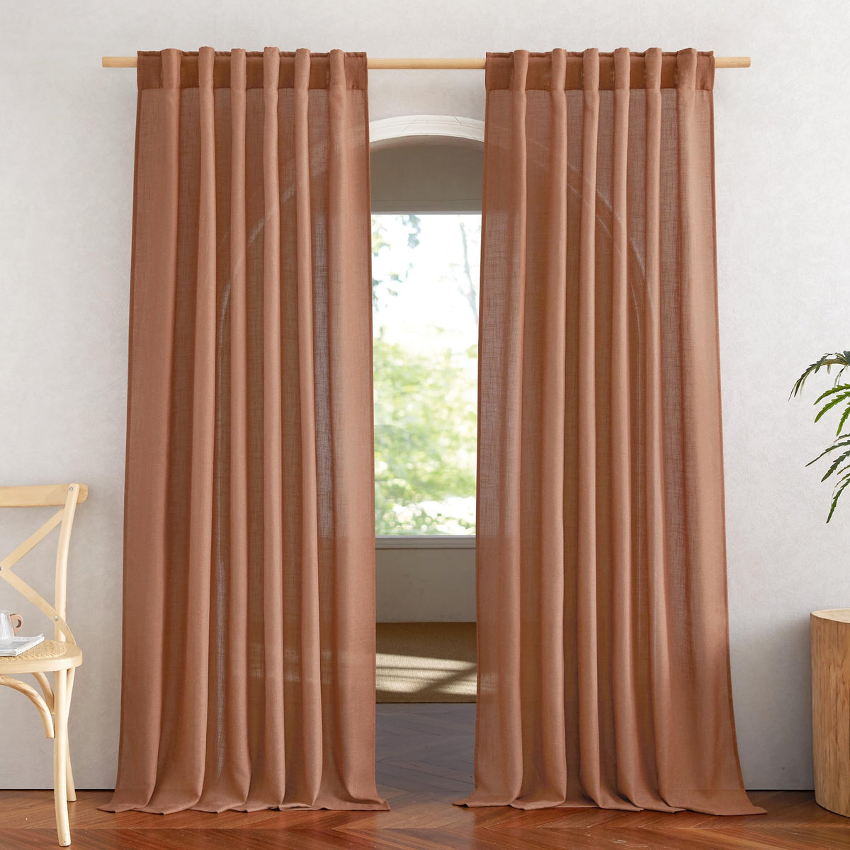 NICETOWN White Linen Sheer Curtains and Drapes 84 inches Long, Rod Pocket & Back Tab semitransparent with Light Through Vertical Window Treatments for Sliding Glass Door & Living Room, 52"W, Set of 2