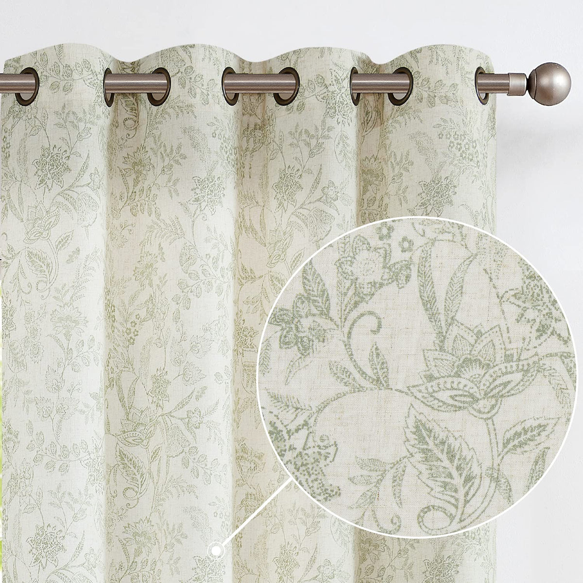 Lazzzy Grey Floral Linen Curtains Farmhouse Grommet Top 50W X 63L 2 Panels