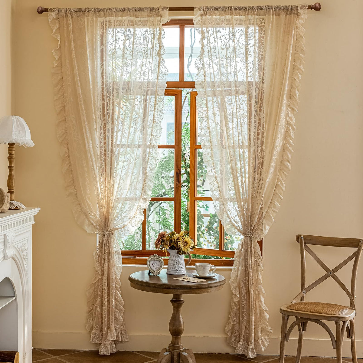 TUDECO Lace Maroon Curtains 96 Inches Long 1 Pair - French Floral Sheer Burgundy Curtains for Living Room, Art Decor Rod Pocket Ruffled Edges Dark Wine Red Drapes, 59 x 96 Inch, Burgundy