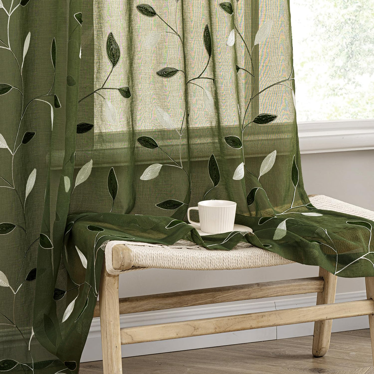 MIULEE Sage Green Sheer Curtains 2 Panels Leaf Patterned, W52 x L84