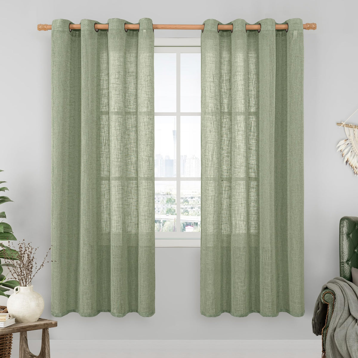 LAMIT Cream Ivory Linen Semi Sheer Curtains 84 inch Length for Bedroom