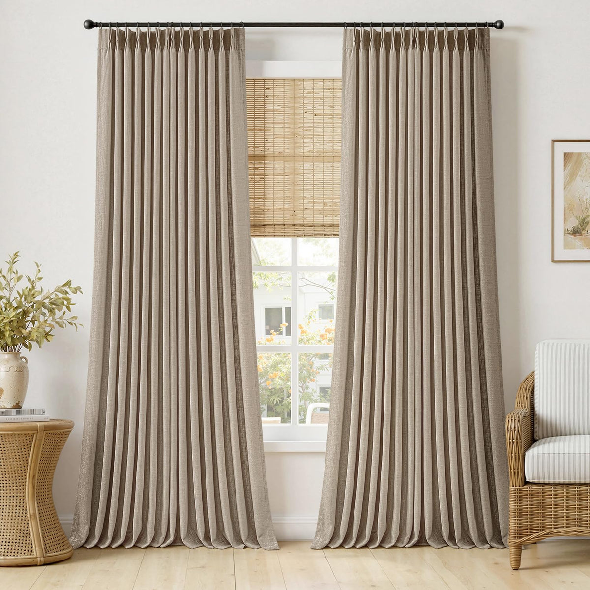 MIULEE Pinch Pleated Linen Curtains 96 Inches Long Beige White 2 Panels