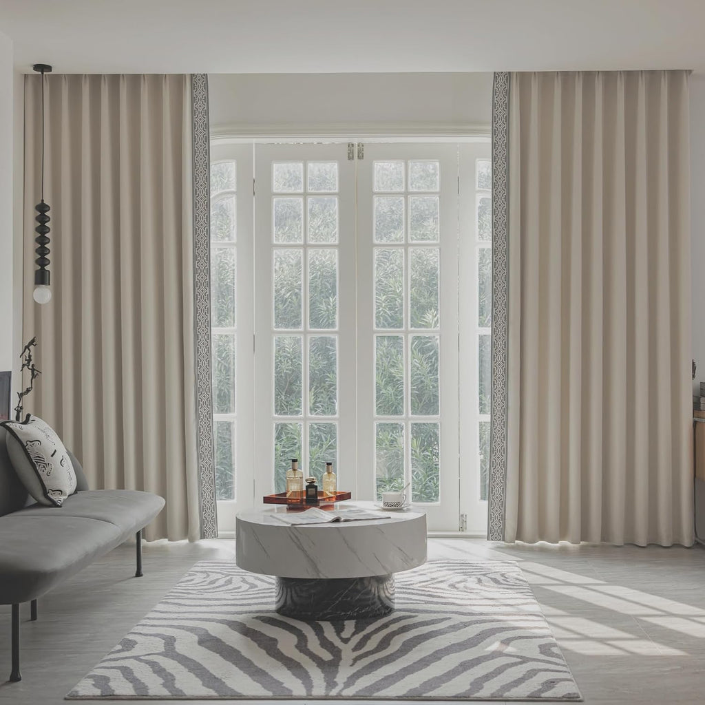 VisionaryHomeDesign Ivory Cream Cotton Blend Curtain Panels with Trim Design, Pinch Pleat Curtains, Blackout Curtains for Sliding Patio Doors Bedroom (Set of 2) (52W x 96L)