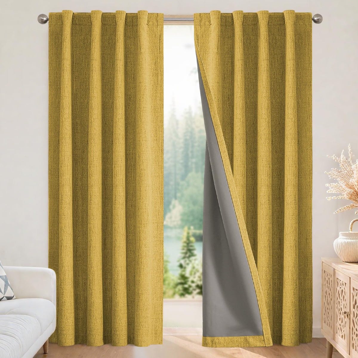 Joydeco Blackout Curtains for Bedroom - 84 Inch Long 100% Light Blocking 2 Panels Light Beige Drapes, Thermal Insulated Room Darkening Curtains, Linen Textured for Living Room, Rod Pocket & Back Tabs