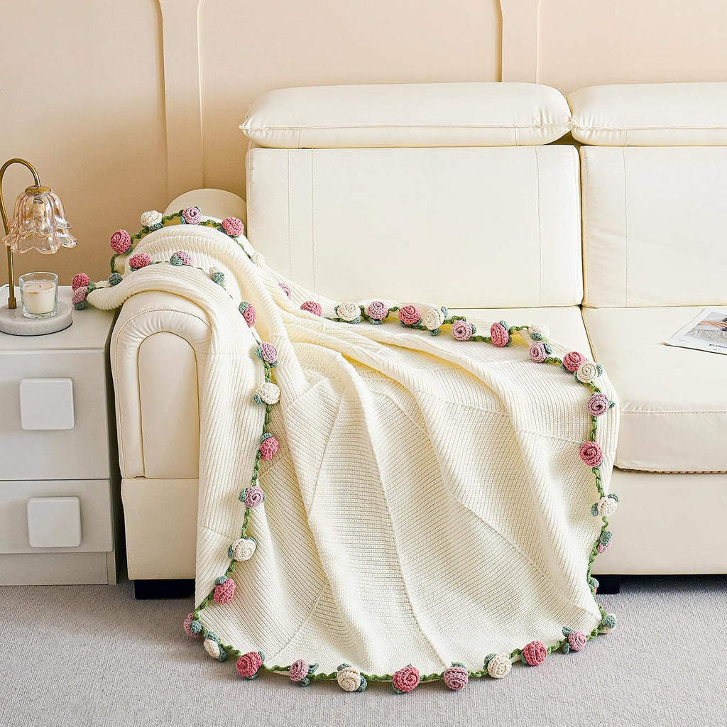 Crochet Flower Bouquet Throw Blanket, Handmade Knitted Blanket with Rose Flowers, Cute Romantic Gift for Her Girlfriend Mom Mother’s Day Valentine Wedding Anniversary Birthday, Pink and White