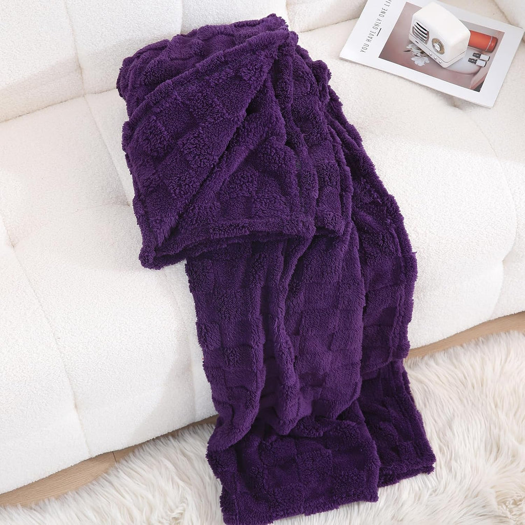 Deep Purple Fleece Throw Blanket 50”×60”Checkered Design for Couch