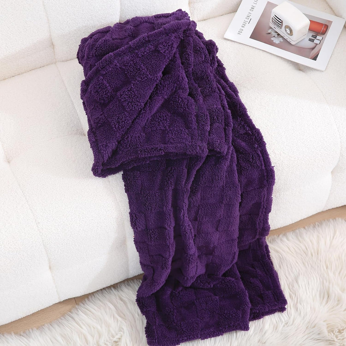 Deep Purple Fleece Throw Blanket 50”×60”Checkered Design for Couch