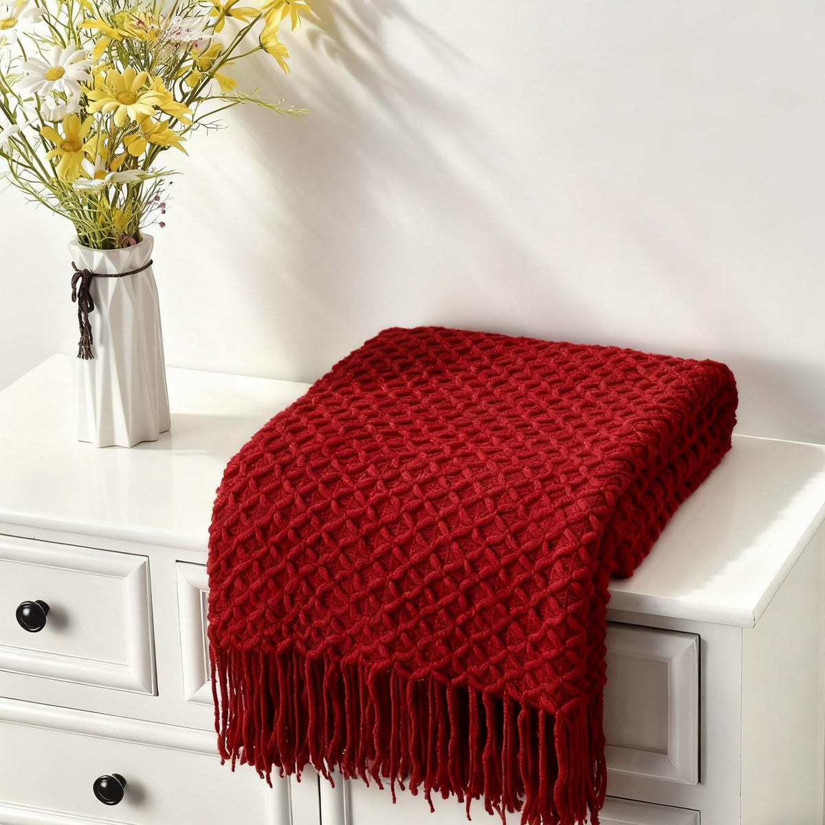 CREVENT Farmhouse Boho Knitted Throw Blanket for Couch Sofa Chair Bed Home Decoration, Soft Warm Cozy Light Weight for Spring Summer Fall (50''X60'' Off White/Ivory/Cream)