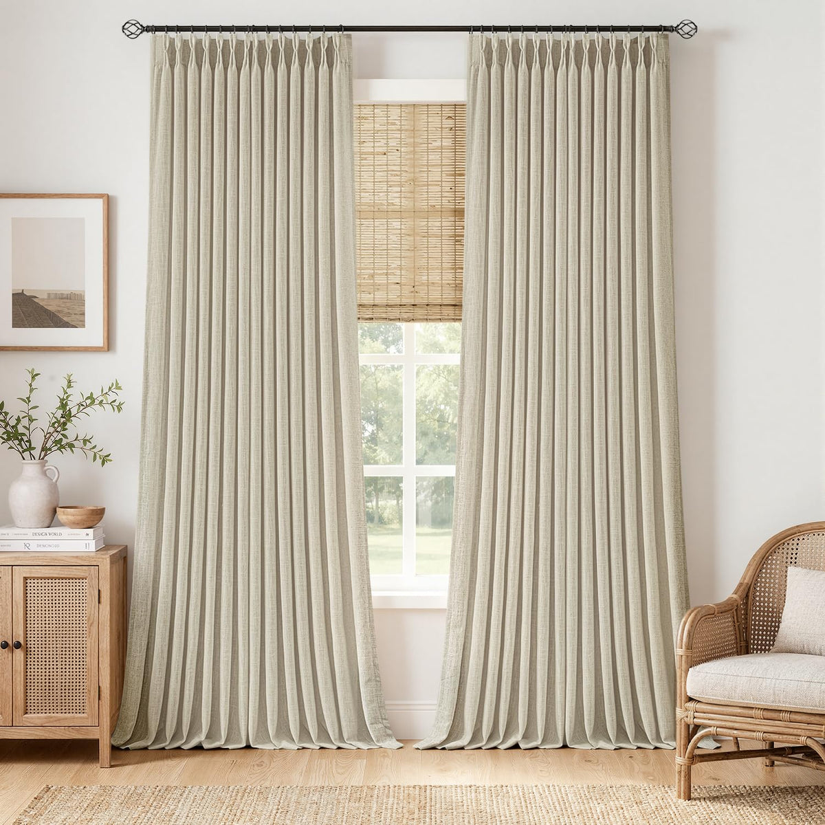 MIULEE Pinch Pleated Linen Curtains 96 Inches Long Beige White 2 Panels