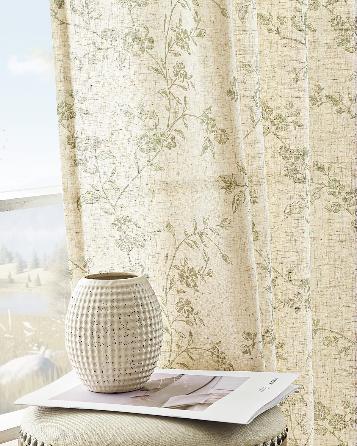 jinchan Taupe Floral Linen Curtains 84 Inch Farmhouse Back Tab 2 Panels