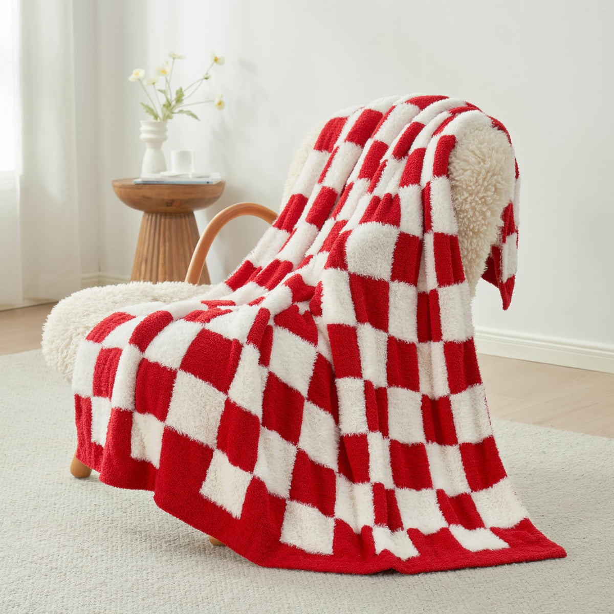 Snuggle Sac Fall Checkered Throw Blanket Faux Fur Microfiber Blankets for Couch,Cozy Soft Warm Blanket for Sofa Bedroom Living Room,Beige Checker,50x60 inches