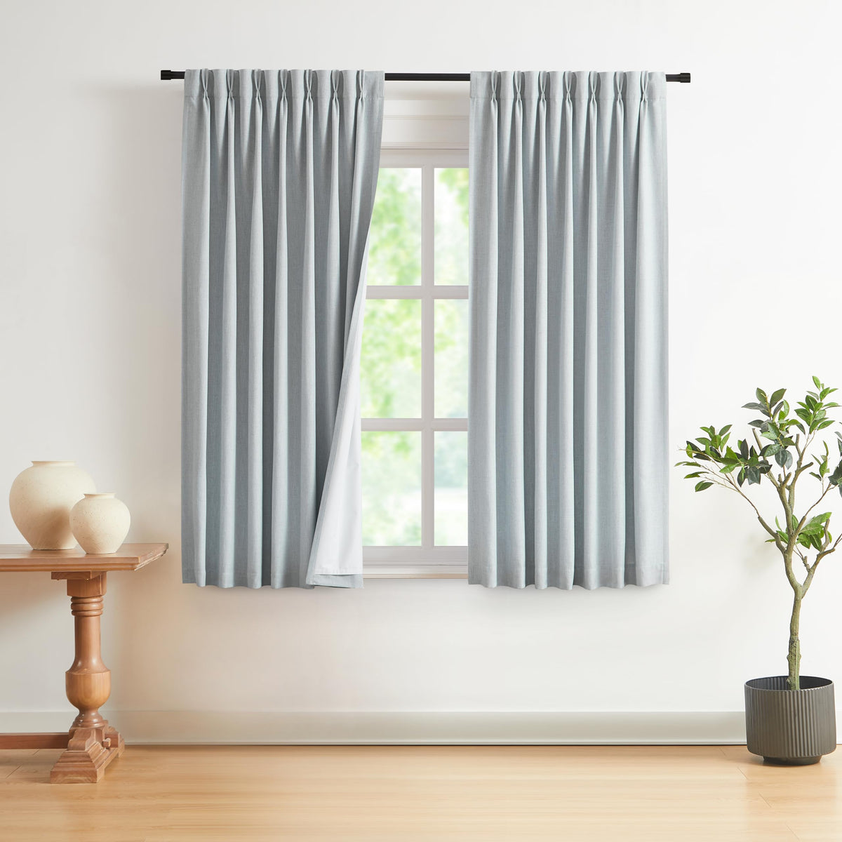 Vision Home Pinch Pleated Full Blackout Curtains Linen Blended Room Darkening Window Curtains 84 inch for Living Room Bedroom Thermal Insulated Pinch Pleat Drapes with Hooks 2 Panel 40"Wx84"L,Blue Fog