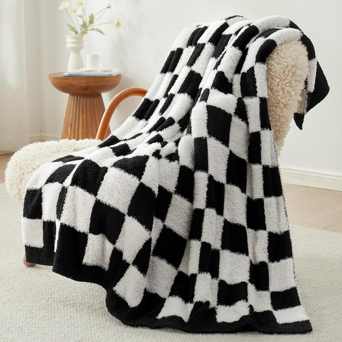 Snuggle Sac Fall Checkered Throw Blanket Faux Fur Microfiber Blankets for Couch,Cozy Soft Warm Blanket for Sofa Bedroom Living Room,Beige Checker,50x60 inches