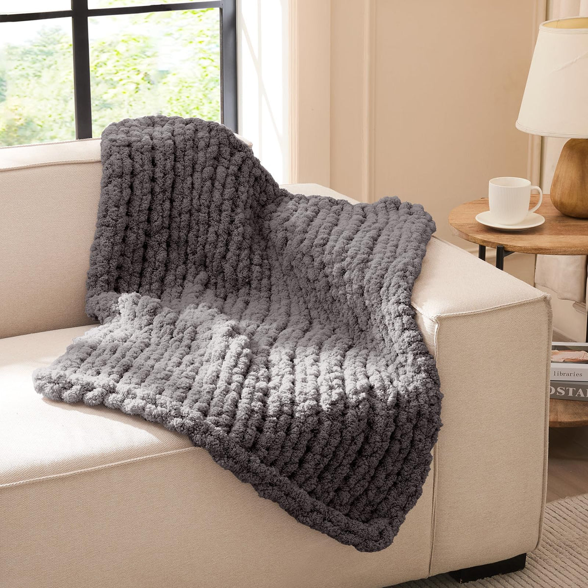 L'AGRATY Chunky Knit Throw Blanket for Couch, 50'' x 60'' Knit Throw, Ivory