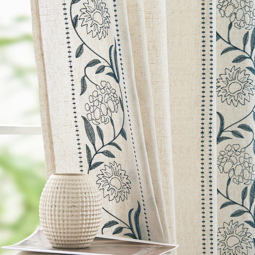 jinchan Sage Floral Linen Curtains for Living Room 84" Back Tab 2 Panels