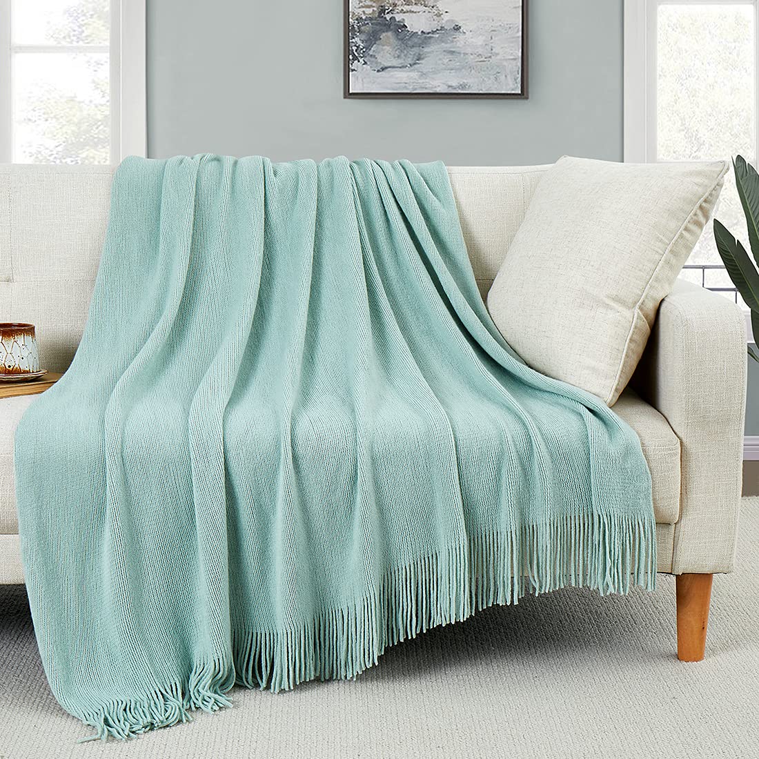 Homiest Pale Blue Knitted Throw Blanket with Fringe, 50x60 Inch
