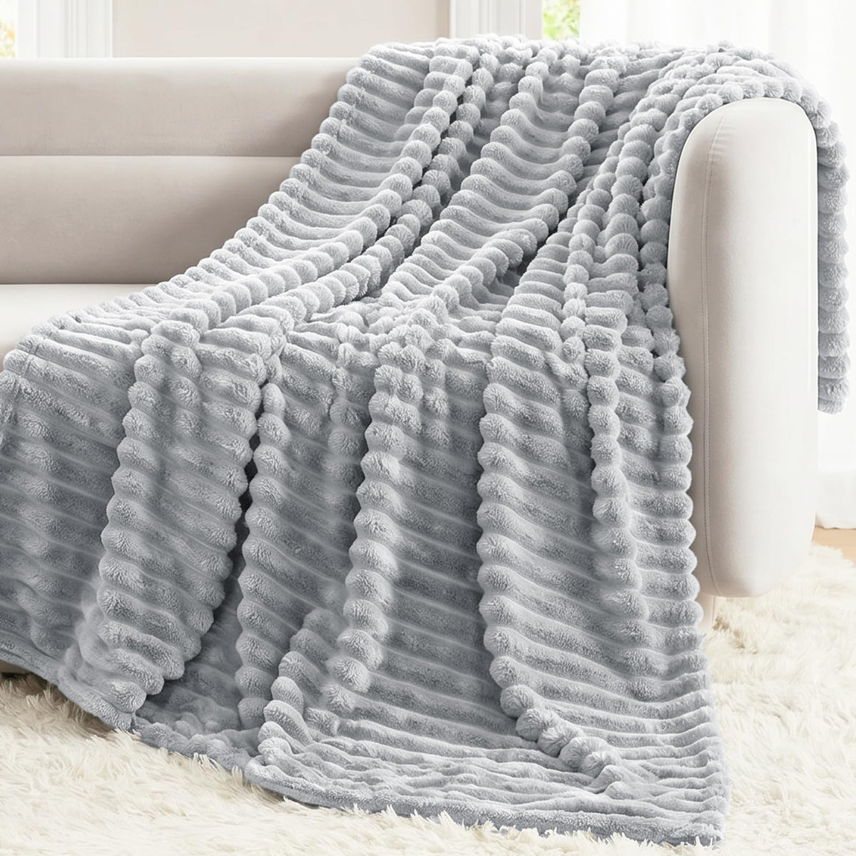 CozyLux Black Throw Blanket for Couch, Ribbed Fleece, 50 x 60 Inch