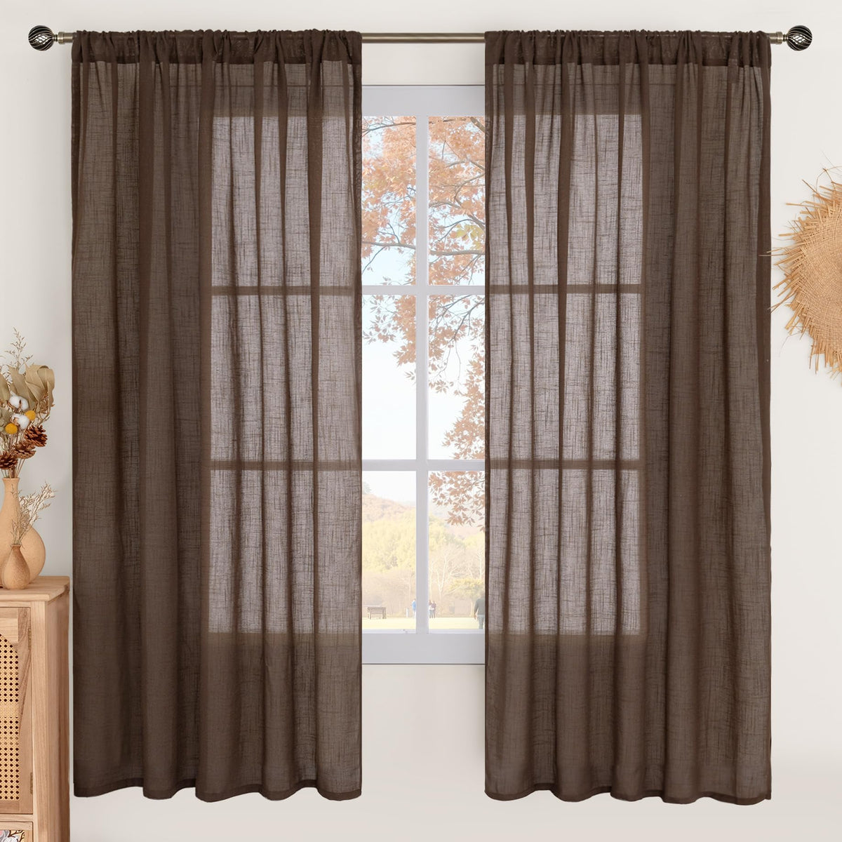 BGment Tan Linen Curtains 84 Inch Length 2 Panels Burlap Semi Sheer Drapes
