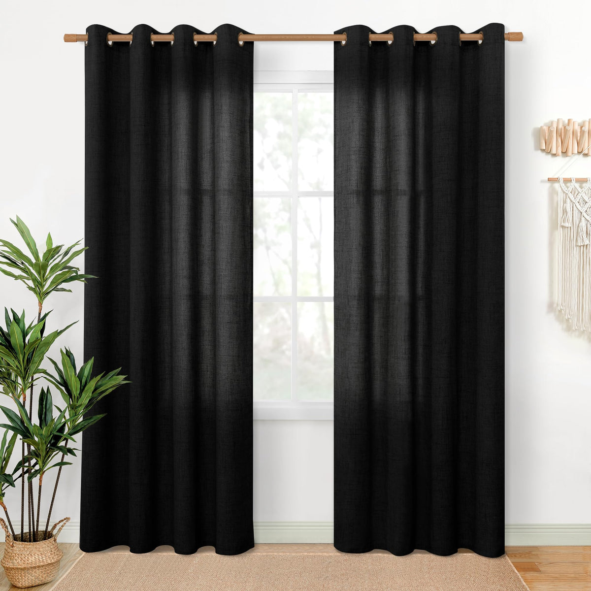 YoungsTex Linen Semi Sheer Curtains 63 Inch Length, Light Filtering Drapes