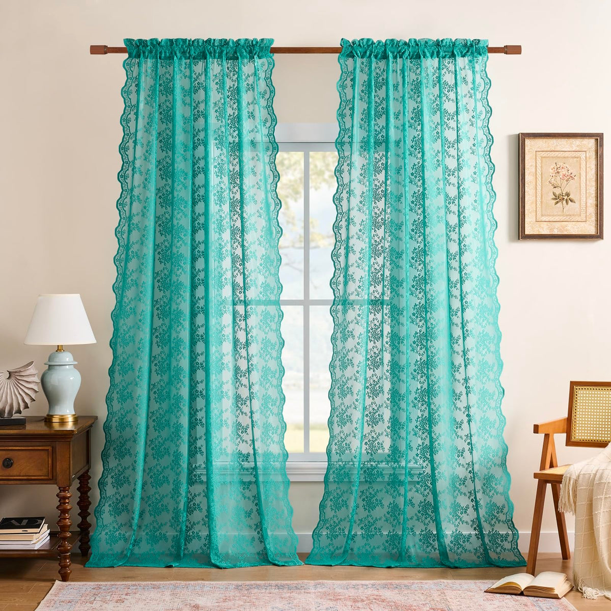 YJ YANJUN Vintage Lace Curtains 84 Inches Long-Victorian Floral Pattern Ivory Sheer Curtain Panels for Living Room Bedroom French Door, Light Filtering Drapes, 2 Panels 52W x 84L Cream
