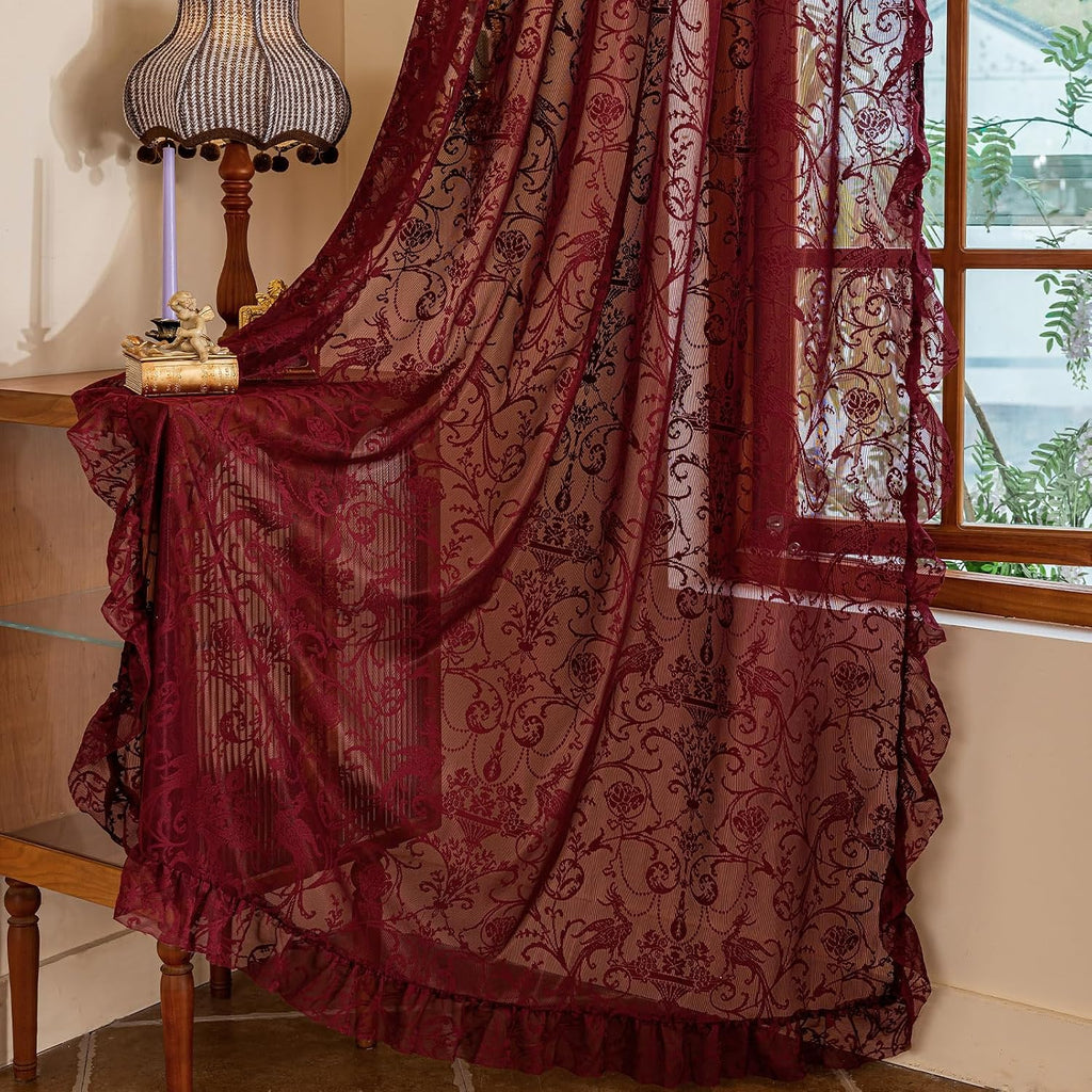 TUDECO Lace Maroon Curtains 96 Inches Long 1 Pair - French Floral Sheer Burgundy Curtains for Living Room, Art Decor Rod Pocket Ruffled Edges Dark Wine Red Drapes, 59 x 96 Inch, Burgundy