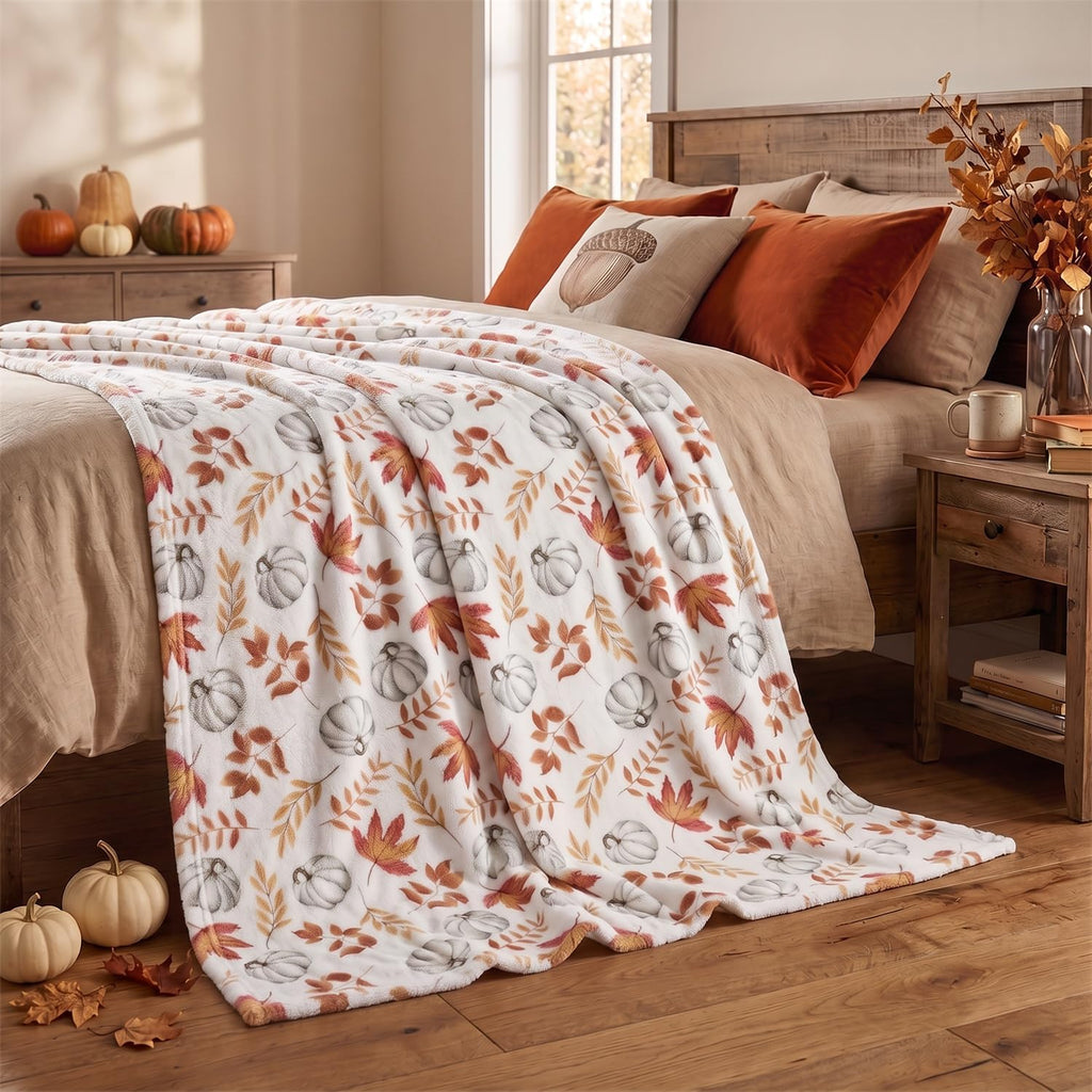 Horaldaily Fall White Pumpkin Orange Leaves Flannel Throw Blanket 50x60