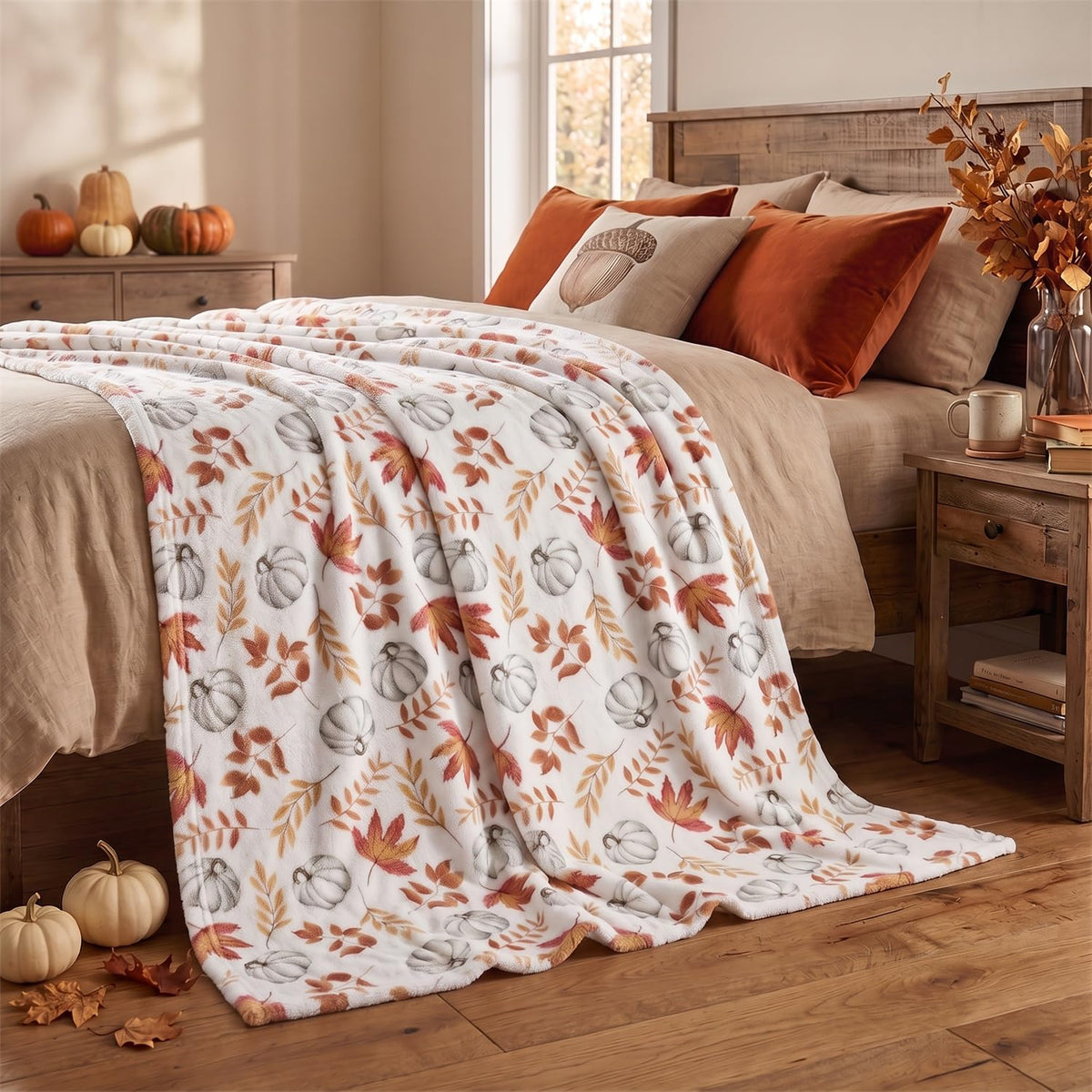 Horaldaily Fall White Pumpkin Orange Leaves Flannel Throw Blanket 50x60