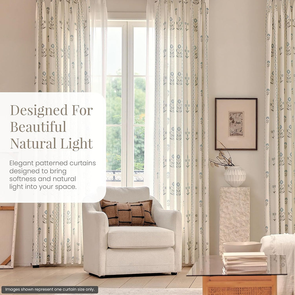 DrapePalette - Linen Blend Pinch Pleated Curtains 108 Inches Long for Living Room, Bedroom, Dining Room, Light Filtering Curtains 2 Panels Set, Modern Floral Printed Design, Antique White 30"W x 108"L