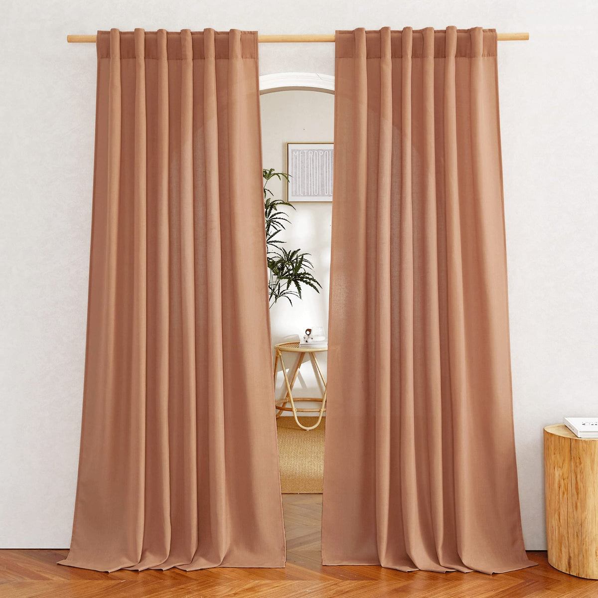NICETOWN Flax Sheer Linen Curtains for Living Room 95 inch Long 2 Panels, Rod Pocket & Back Tab Semi Sheer Drapes Privacy Added with Light Filtering for Bedroom/Living Room, Natural, W55 x L95