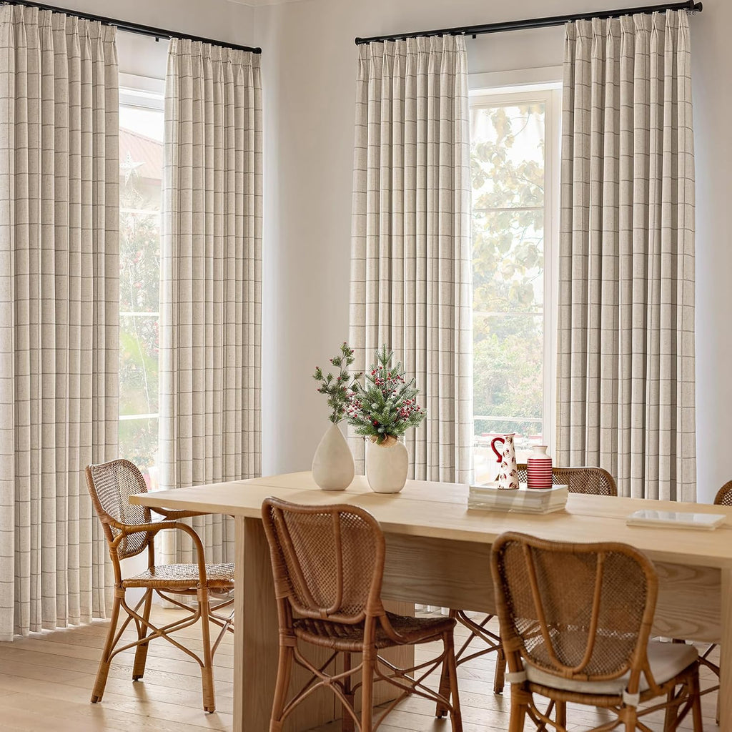 THREE GIRLS Plaid Pinch Pleated Curtains - Modern Luxury Linen Buffalo Blackout Drapes, Thermal Insulated Double Layer Window Panels for Living Room Bedroom, 120 Inches Long Brown 2 Panels Set